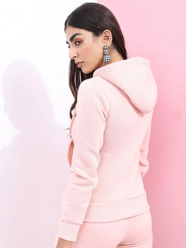 Tokyo Talkies Women Pink Solid Front-Open Hood Sweatshirts