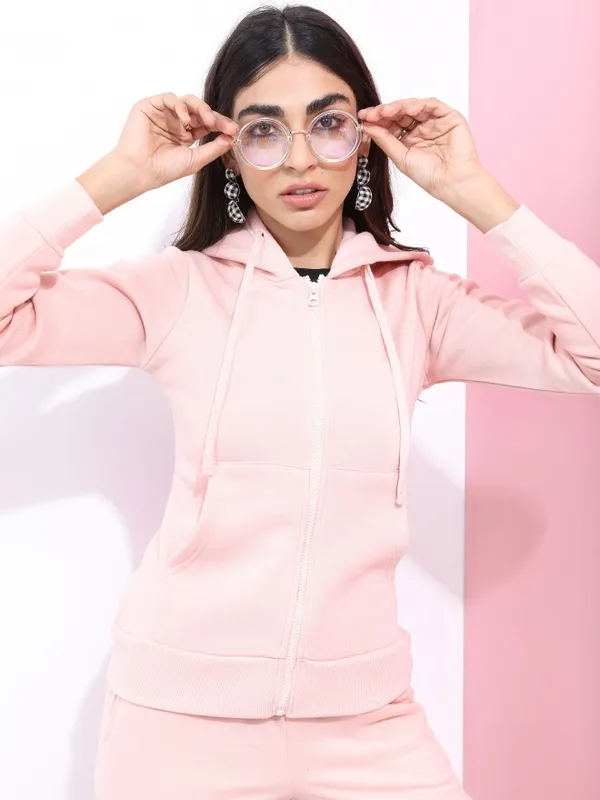  Tokyo Talkies Women Pink Solid Front-Open Hood Sweatshirts