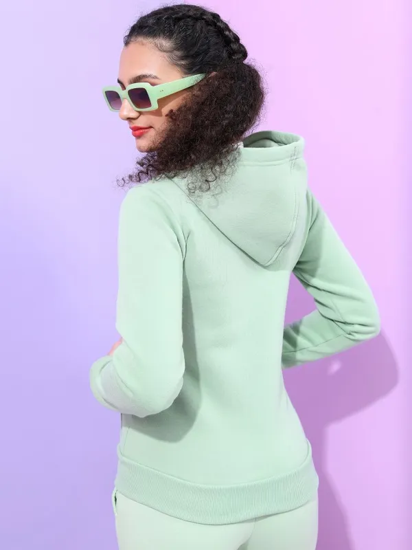  Tokyo Talkies Women Sage Solid Front-Open Hood Sweatshirts