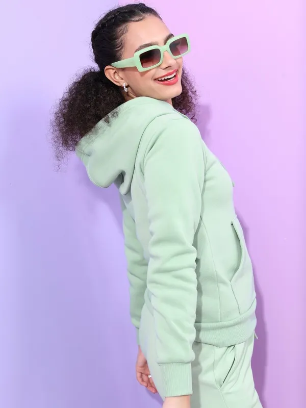  Tokyo Talkies Women Sage Solid Front-Open Hood Sweatshirts