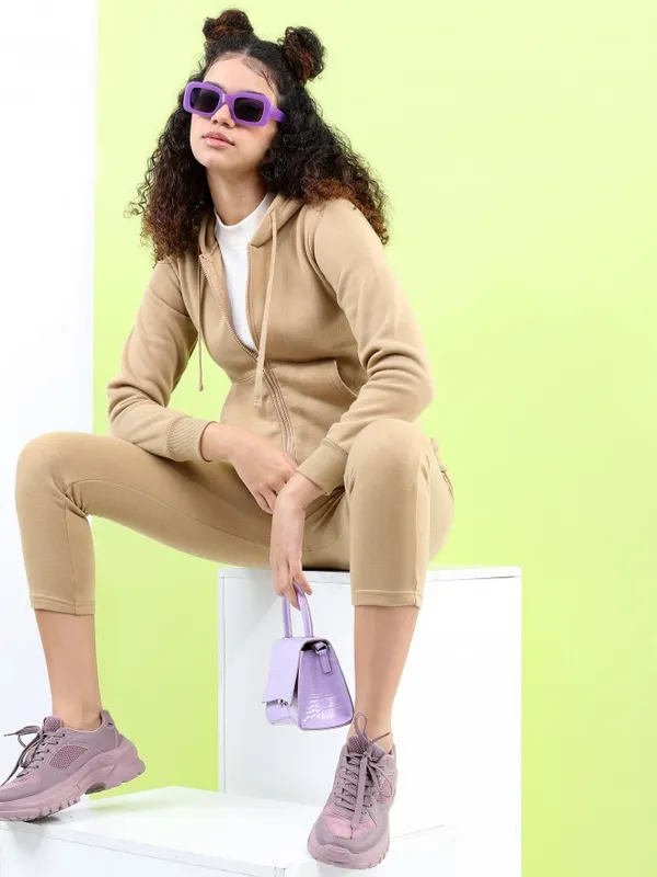  Tokyo Talkies Women Beige Solid Front-Open Hood Sweatshirts