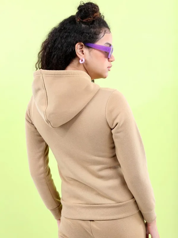  Tokyo Talkies Women Beige Solid Front-Open Hood Sweatshirts