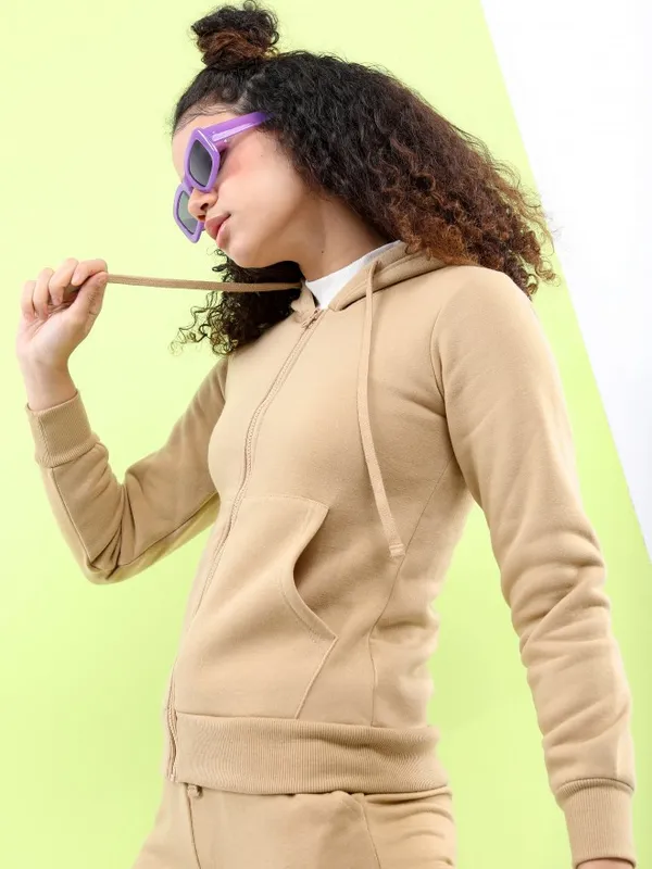  Tokyo Talkies Women Beige Solid Front-Open Hood Sweatshirts
