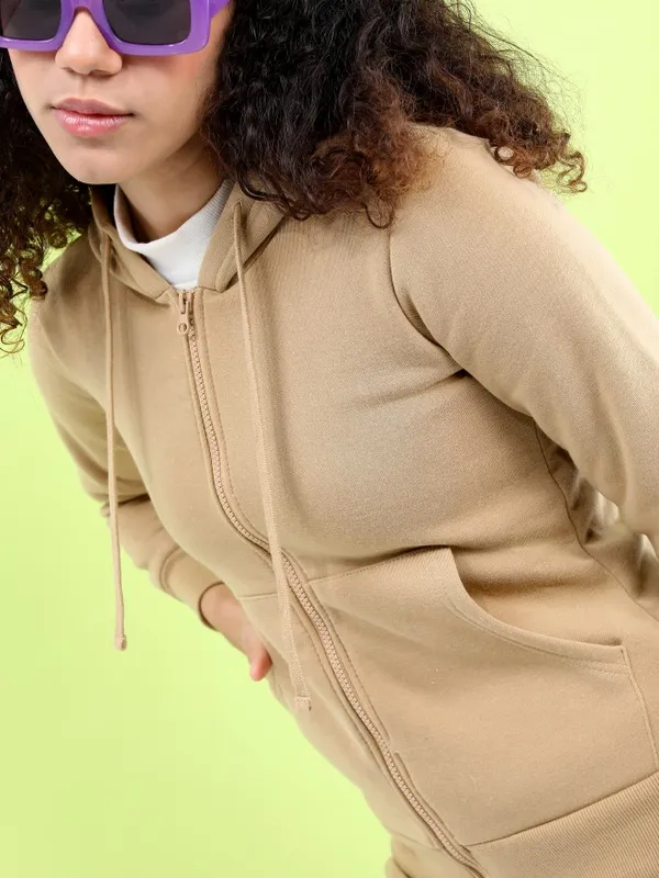  Tokyo Talkies Women Beige Solid Front-Open Hood Sweatshirts