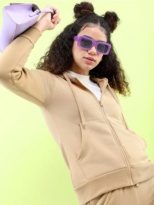  Tokyo Talkies Women Beige Solid Front-Open Hood Sweatshirts