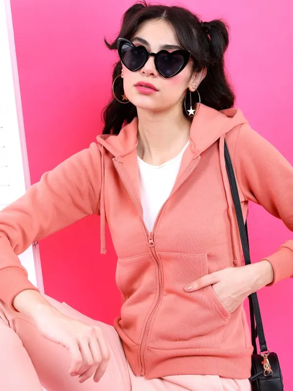  Tokyo Talkies Women Peach Solid Front-Open Hood Sweatshirts