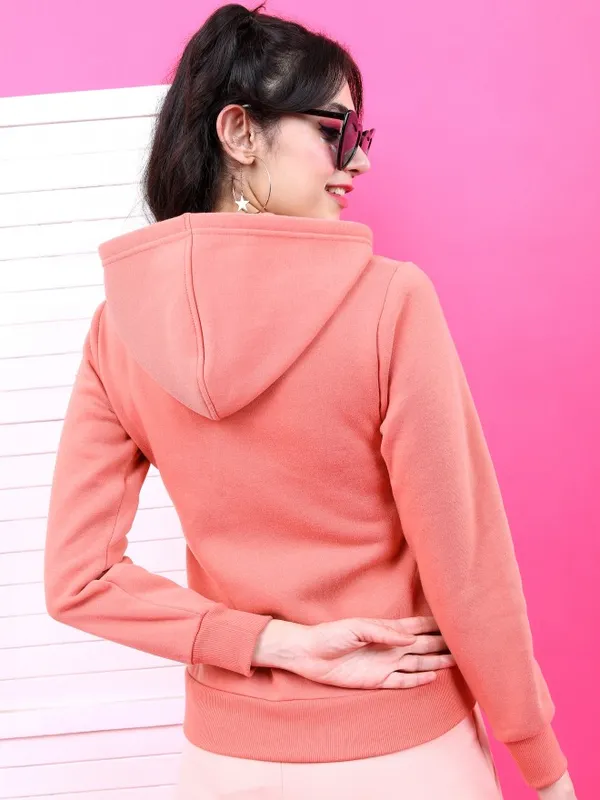  Tokyo Talkies Women Peach Solid Front-Open Hood Sweatshirts