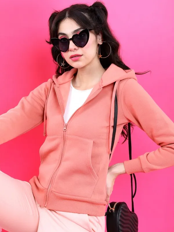  Tokyo Talkies Women Peach Solid Front-Open Hood Sweatshirts