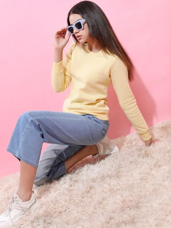  Tokyo Talkies Women Yellow Solid Pullover Round Neck Sweatshirts