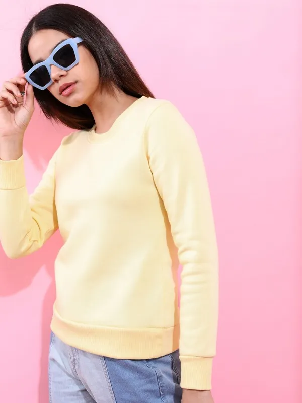  Tokyo Talkies Women Yellow Solid Pullover Round Neck Sweatshirts