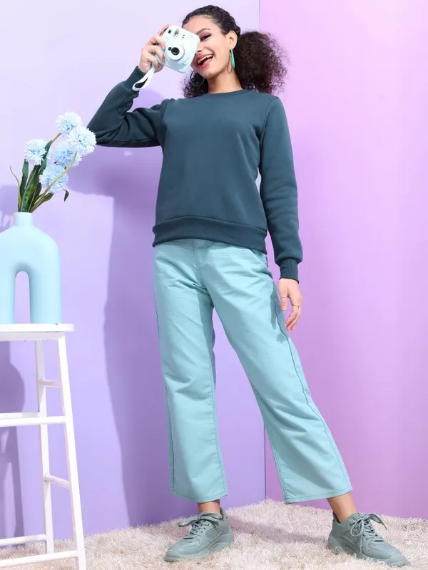  Tokyo Talkies Women Navy Blue Solid Pullover Round Neck Sweatshirts