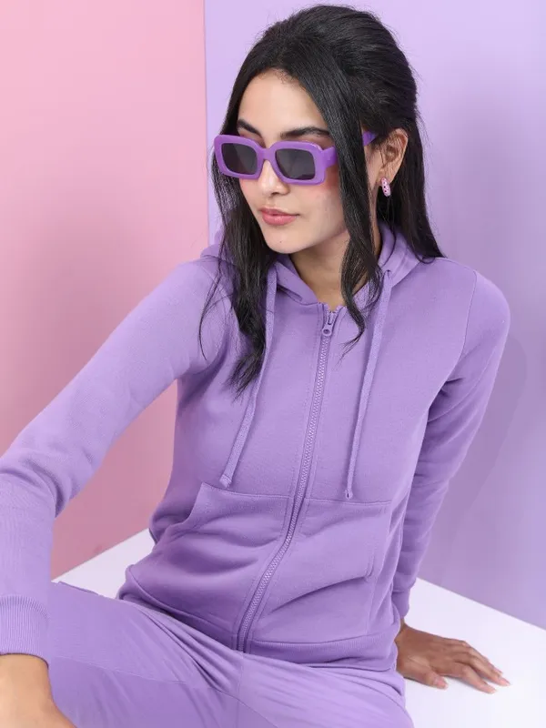  Tokyo Talkies Women Purple Solid Front-Open Hood Sweatshirts