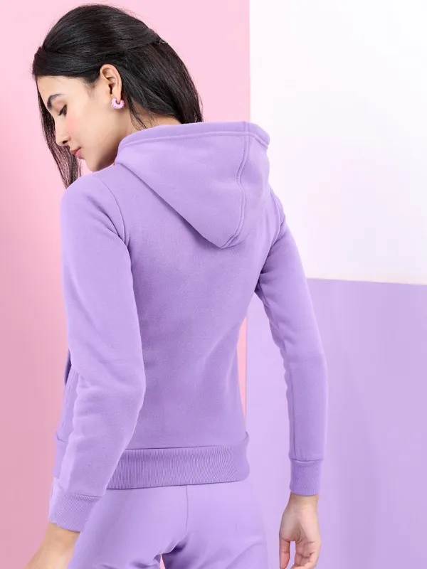  Tokyo Talkies Women Purple Solid Front-Open Hood Sweatshirts