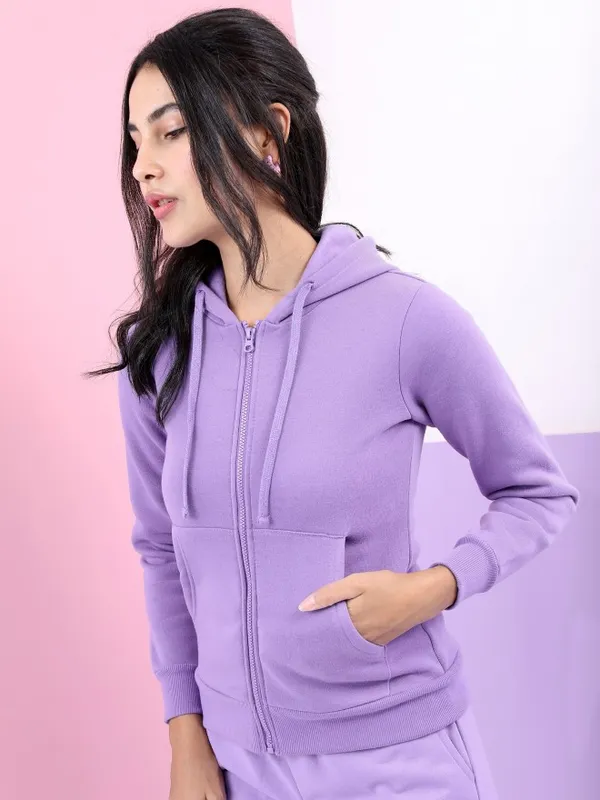  Tokyo Talkies Women Purple Solid Front-Open Hood Sweatshirts