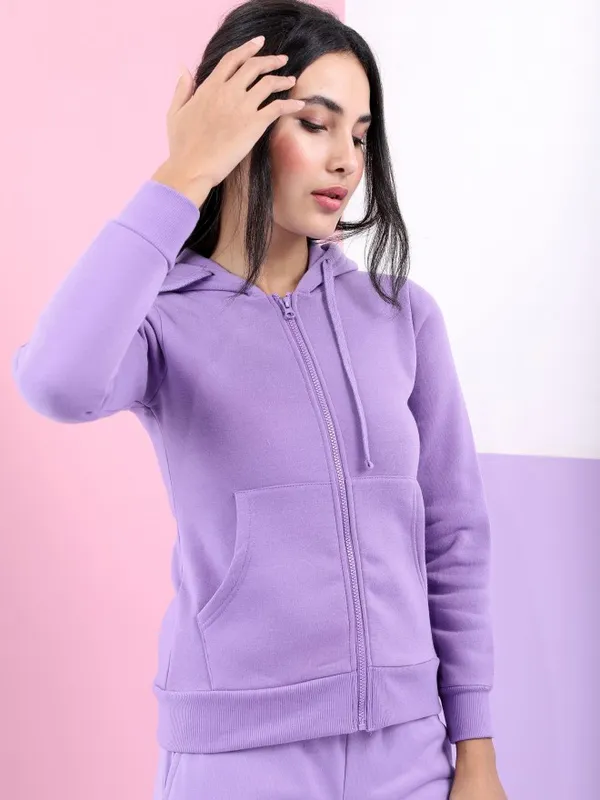  Tokyo Talkies Women Purple Solid Front-Open Hood Sweatshirts