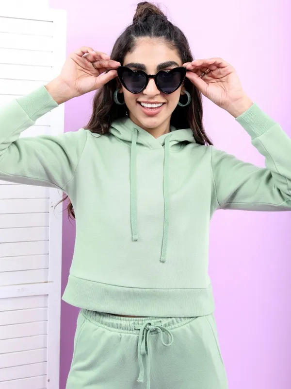  Tokyo Talkies Women Sage Solid Pullover Hood Sweatshirts