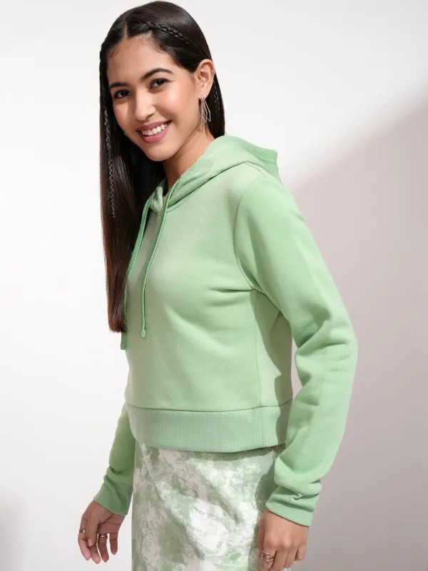  Tokyo Talkies Women Sage Solid Pullover Hood Sweatshirts