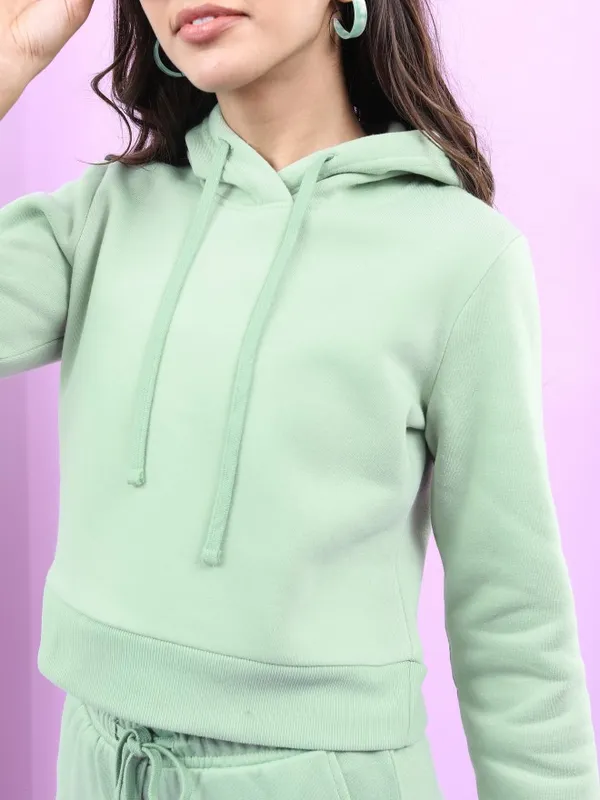  Tokyo Talkies Women Sage Solid Pullover Hood Sweatshirts