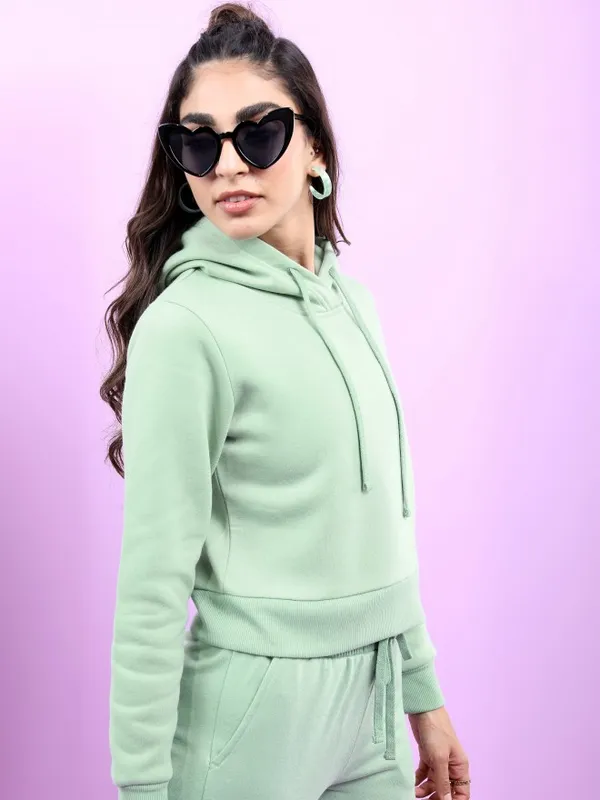  Tokyo Talkies Women Sage Solid Pullover Hood Sweatshirts
