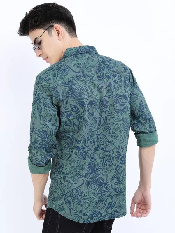  Highlander Men Olive Printed Slim Fit Casual Shirts