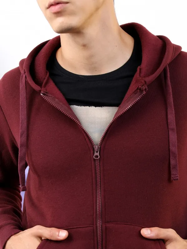  Highlander Men Burgundy Hood Front-Open Sweatshirts