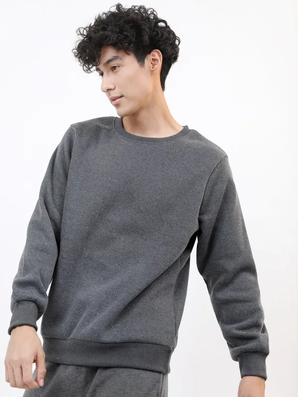  Ketch Men Grey Round Neck Pullover Sweatshirts