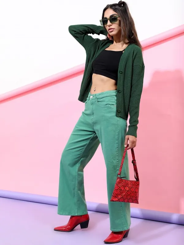  Tokyo Talkies Women Green V-Neck Sweaters