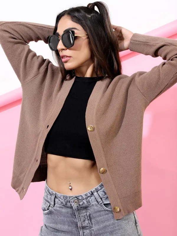  Tokyo Talkies Women Beige V-Neck Sweaters