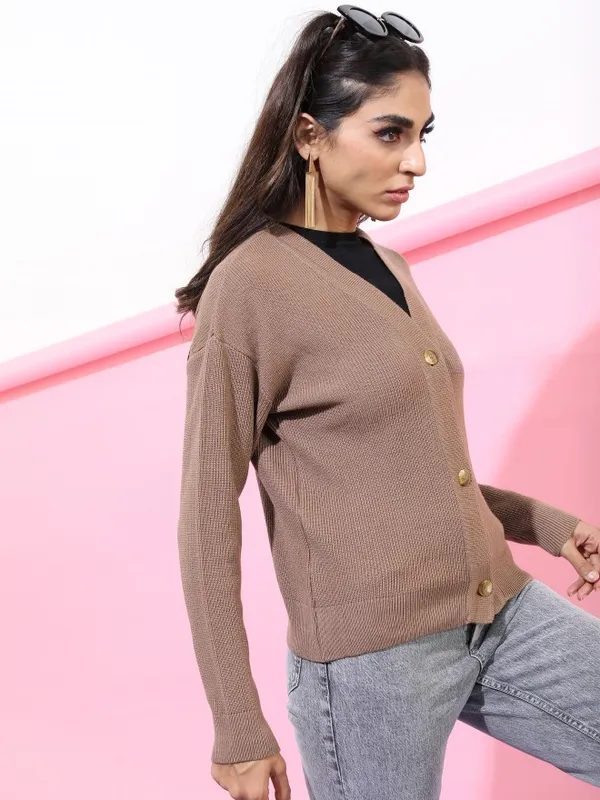  Tokyo Talkies Women Beige V-Neck Sweaters