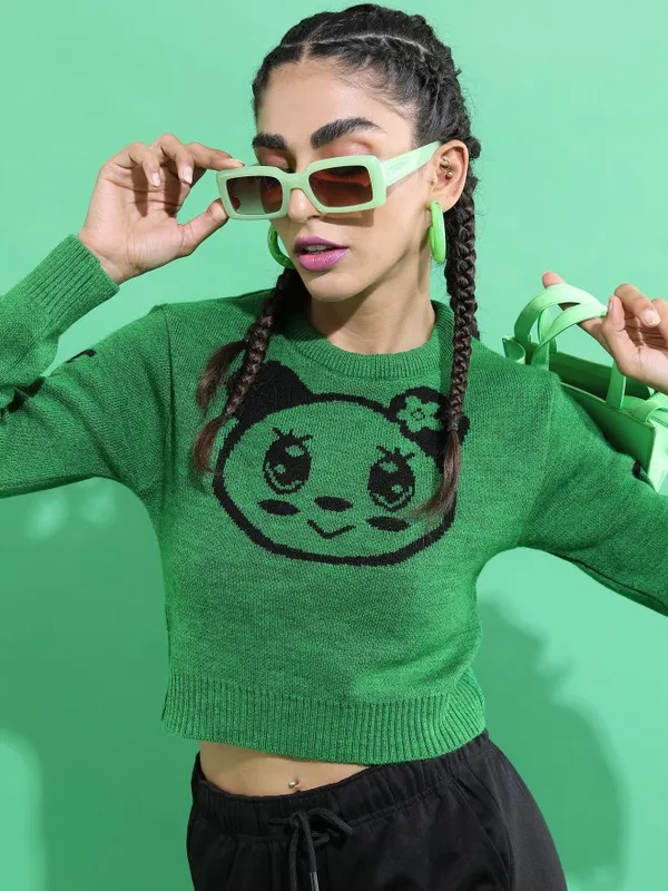  Tokyo Talkies Women Green Round Neck Sweaters