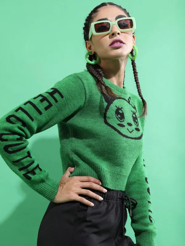  Tokyo Talkies Women Green Round Neck Sweaters