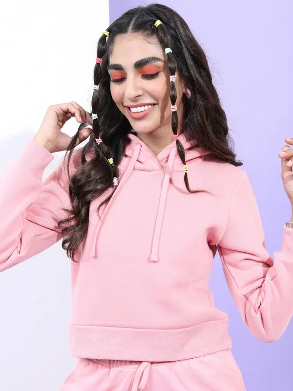  Tokyo Talkies Women Pink Solid Pullover Hood Sweatshirts