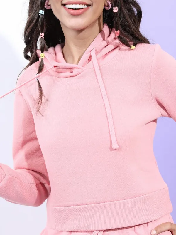  Tokyo Talkies Women Pink Solid Pullover Hood Sweatshirts