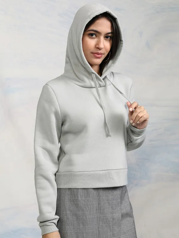  Tokyo Talkies Women Grey Solid Pullover Hood Sweatshirts