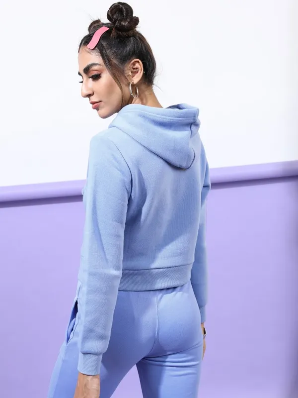  Tokyo Talkies Women Blue Solid Pullover Hood Sweatshirts
