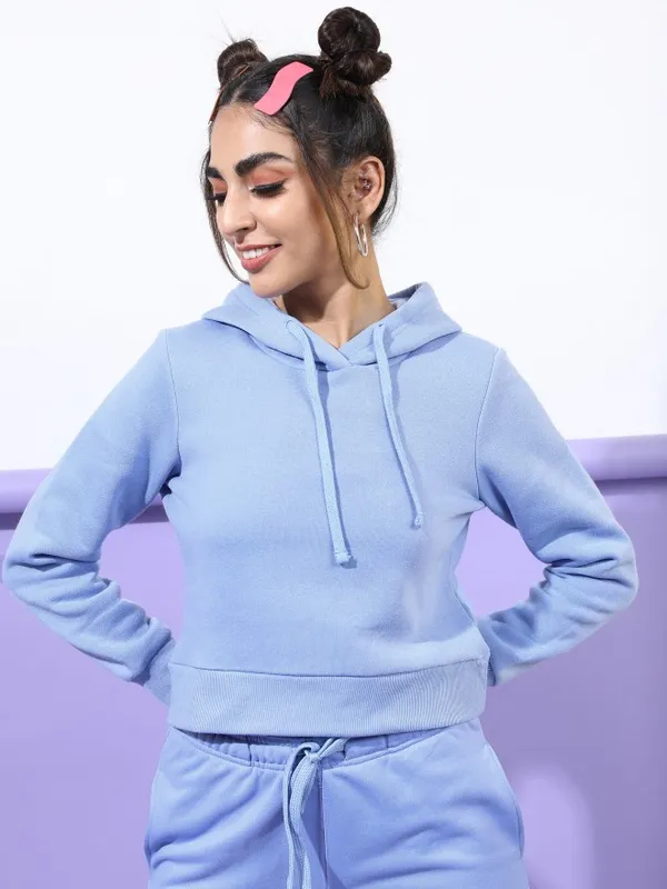  Tokyo Talkies Women Blue Solid Pullover Hood Sweatshirts