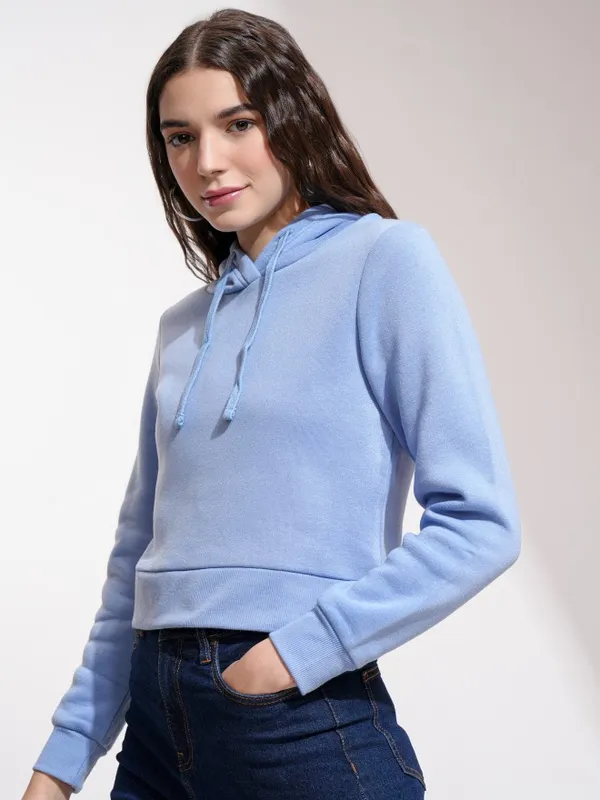  Tokyo Talkies Women Blue Solid Pullover Hood Sweatshirts