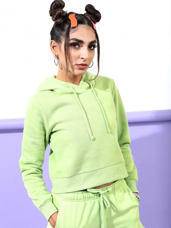  Tokyo Talkies Women Green Solid Pullover Hood Sweatshirts