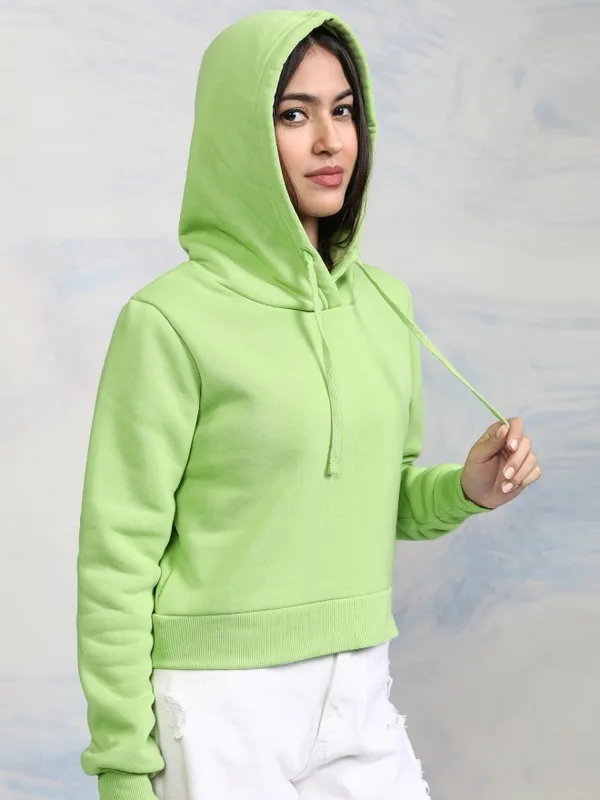  Tokyo Talkies Women Green Solid Pullover Hood Sweatshirts