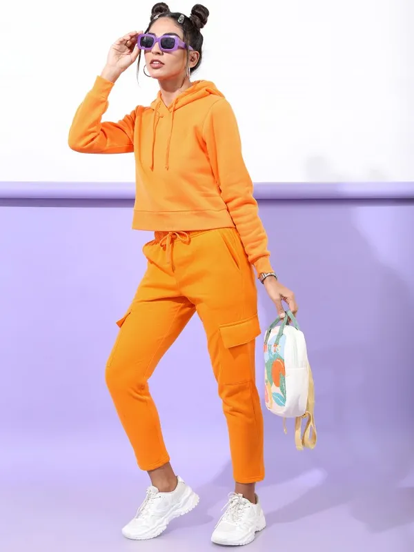  Tokyo Talkies Women Orange Solid Pullover Hood Sweatshirts