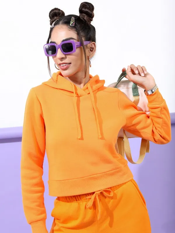  Tokyo Talkies Women Orange Solid Pullover Hood Sweatshirts