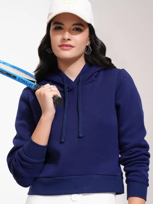  Tokyo Talkies Women Navy Blue Solid Pullover Hood Sweatshirts