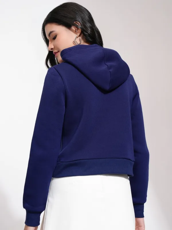  Tokyo Talkies Women Navy Blue Solid Pullover Hood Sweatshirts