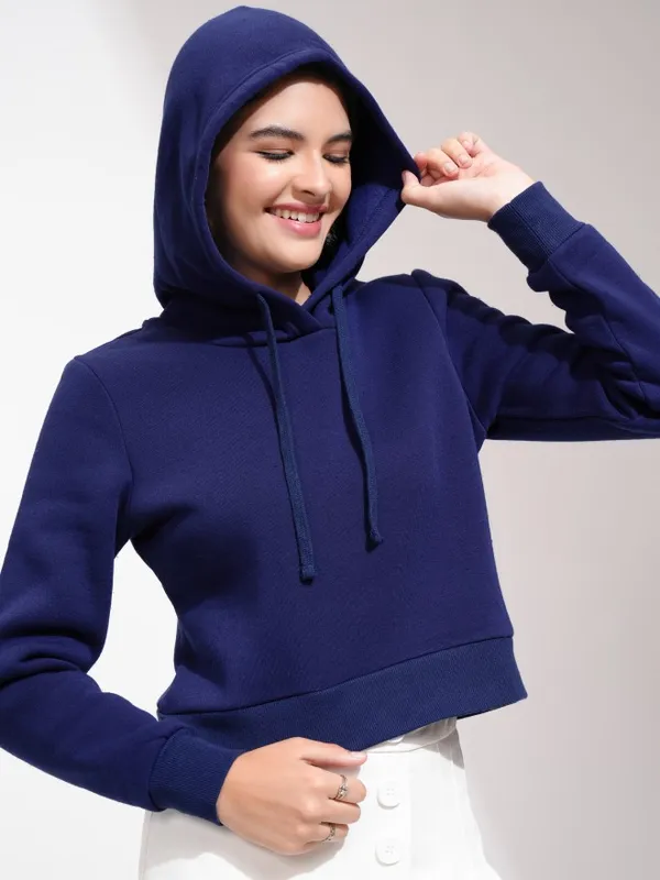  Tokyo Talkies Women Navy Blue Solid Pullover Hood Sweatshirts