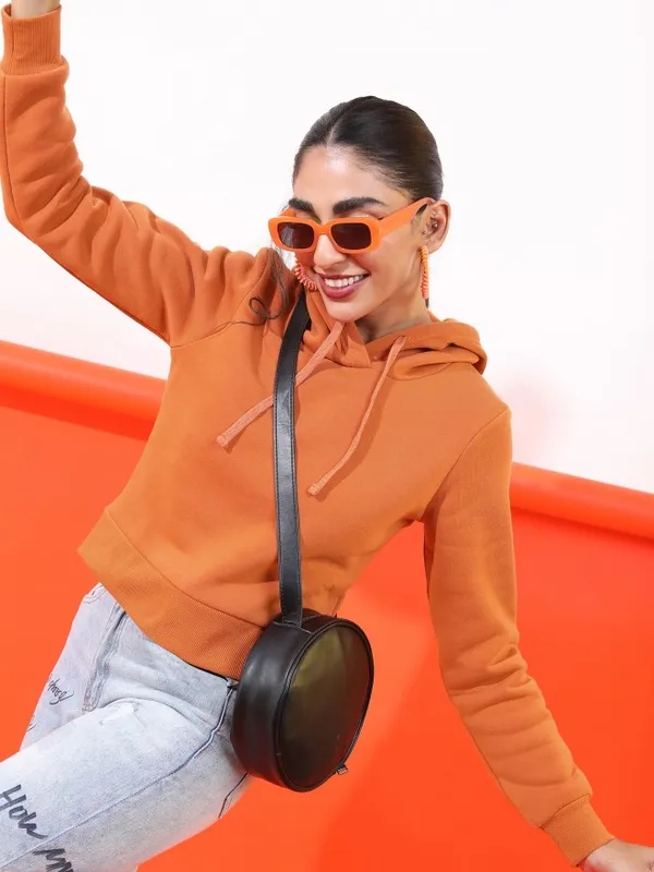  Tokyo Talkies Women Terracotta Solid Pullover Hood Sweatshirts