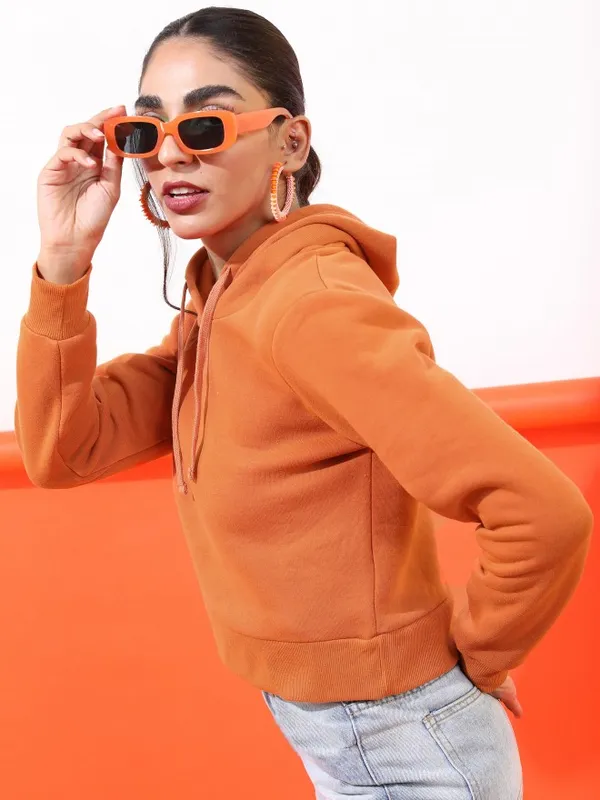  Tokyo Talkies Women Terracotta Solid Pullover Hood Sweatshirts
