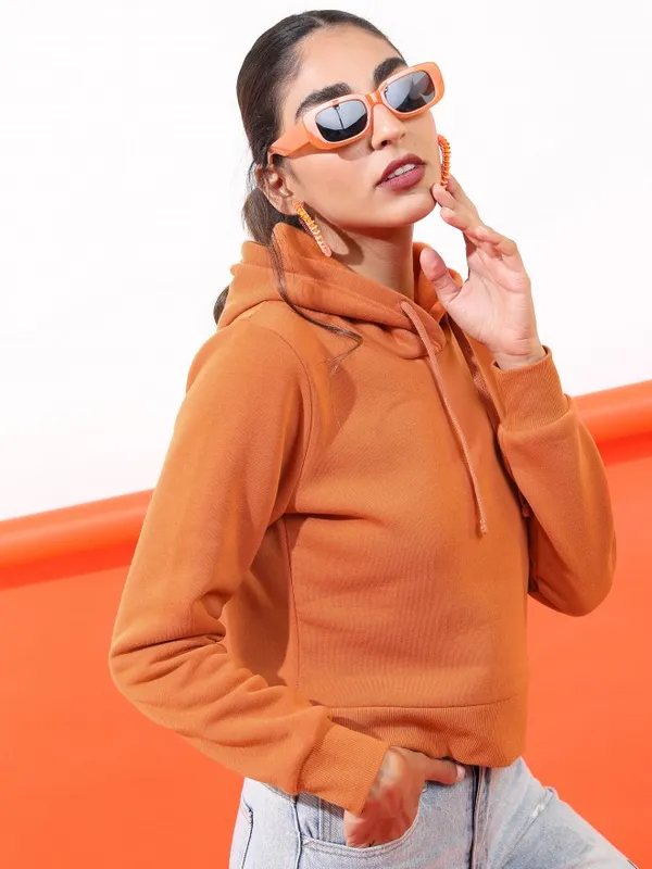  Tokyo Talkies Women Terracotta Solid Pullover Hood Sweatshirts