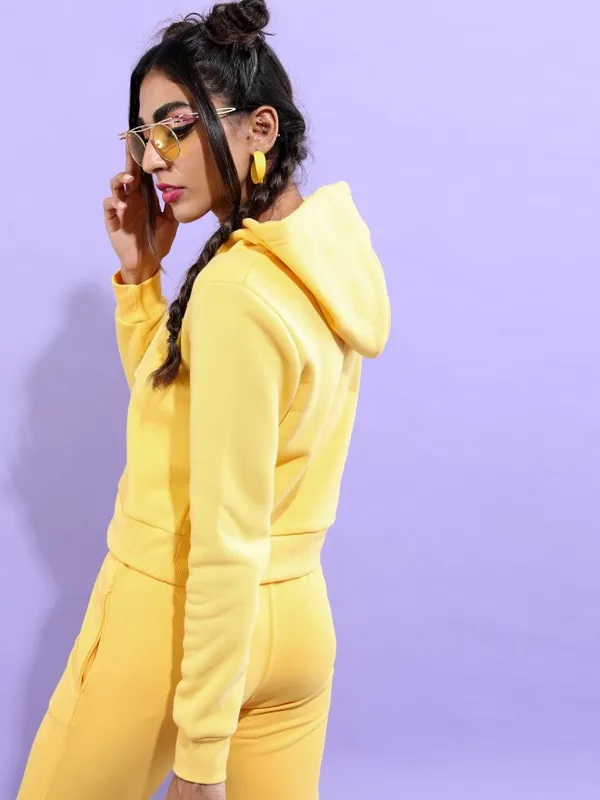  Tokyo Talkies Women Yellow Solid Pullover Hood Sweatshirts