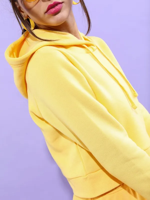  Tokyo Talkies Women Yellow Solid Pullover Hood Sweatshirts