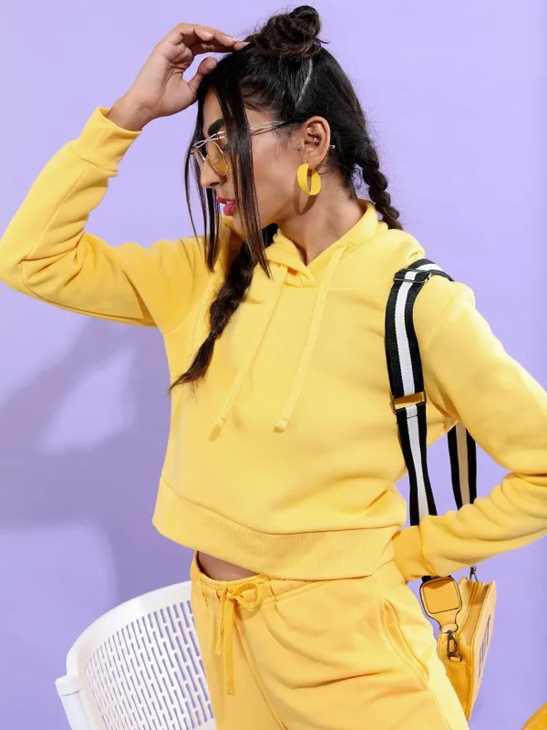  Tokyo Talkies Women Yellow Solid Pullover Hood Sweatshirts